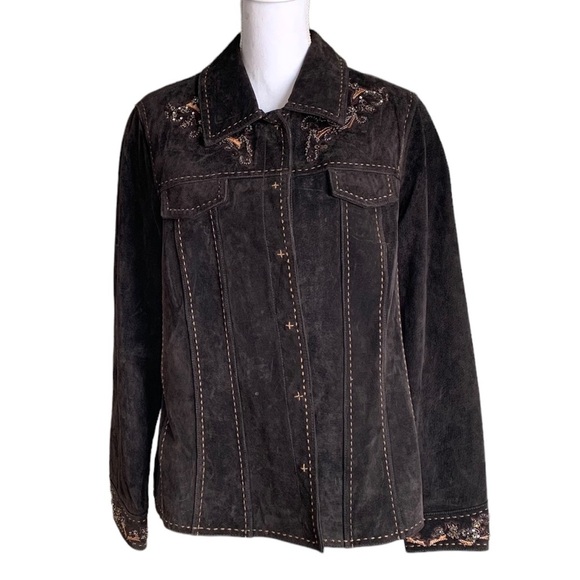 Coldwater Creek Brown Suede Jacket Beaded Embroidered Western Size Large vintage - Picture 1 of 17